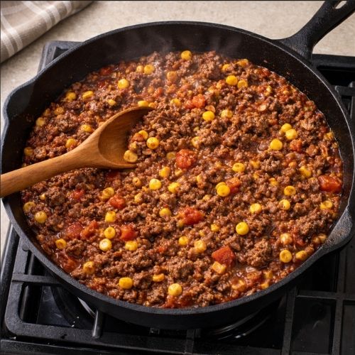 Blanding av gratengfyll med taco-krydret kjøttdeig, hakkede tomater og maiskolber i stor skål