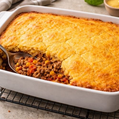 Ferdig mexicansk grateng med gyllen cornbread-skorpe og dampende varmt kjøttfyll klar til servering