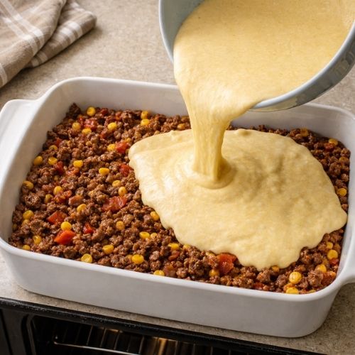 Sammensetting av mexicansk grateng med kjøttfyll i ildfast form og cornbread-røre på toppen før steking