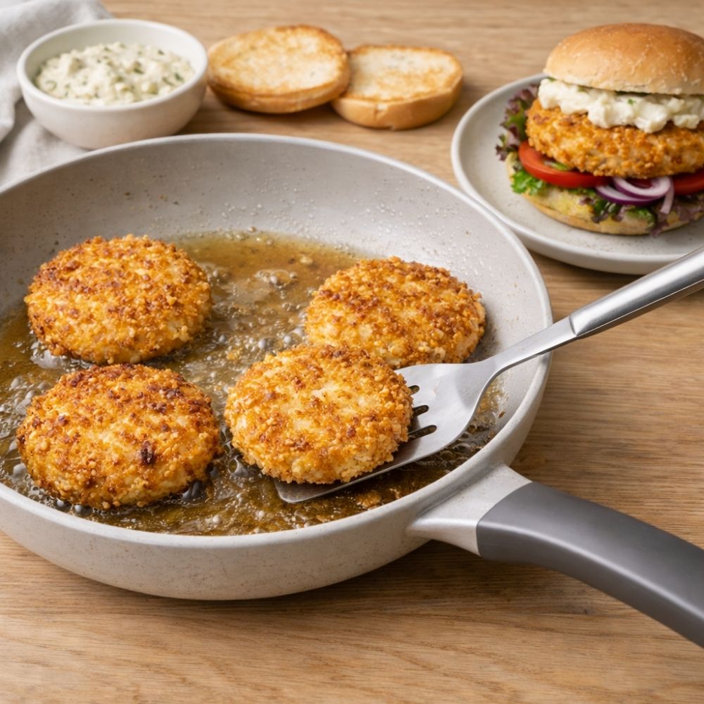 Steke og sette sammen fiskeburgeren